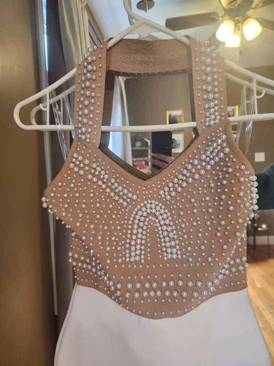 Beaded Halter Crop Top with White Midi Skirt - BELLABARNETT - Picture 5 of 7